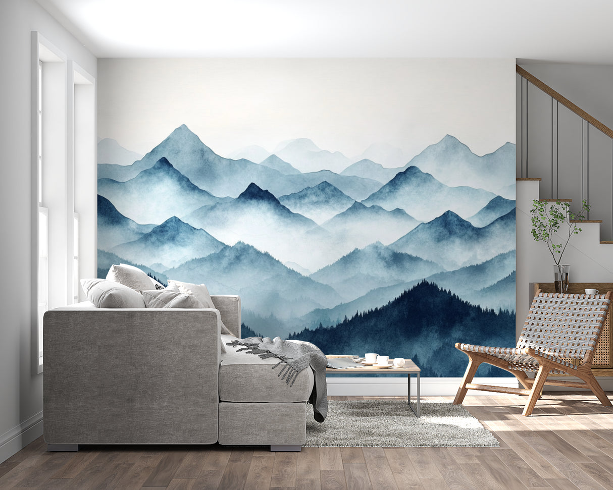 Mountain wallpaper mural in modern living room with grey sofa and natural light
