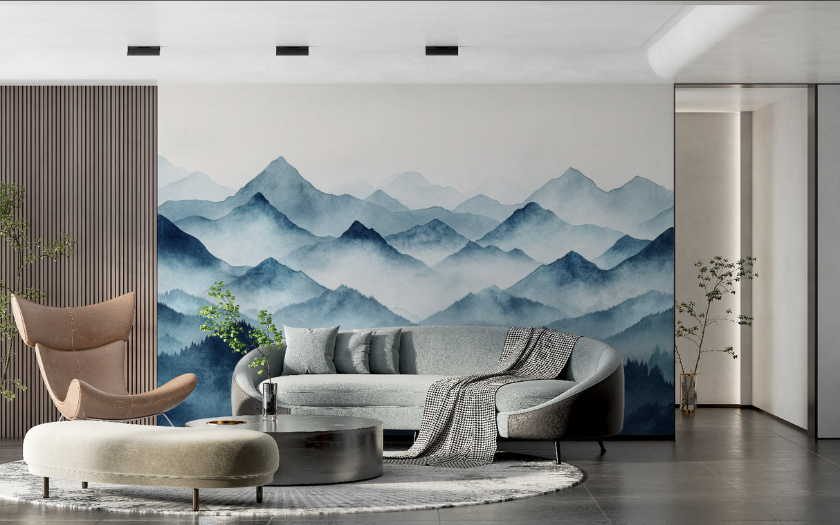 Blue mountain mural wallpaper in master bedroom creating serene atmosphere