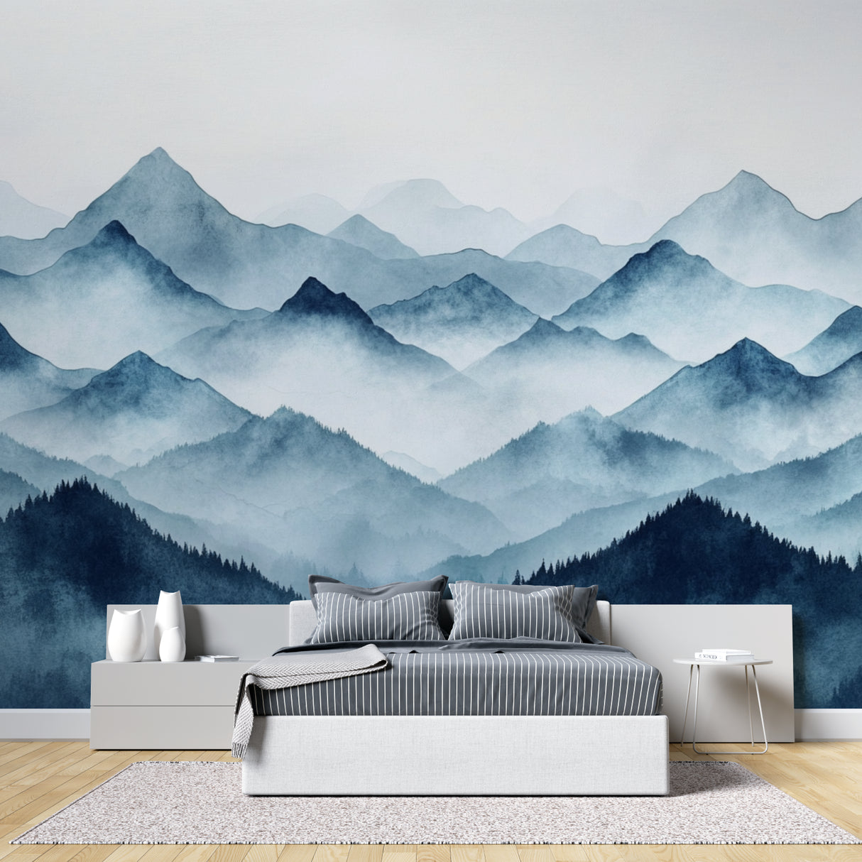 Watercolor mountain wallpaper in home office with minimal desk setup