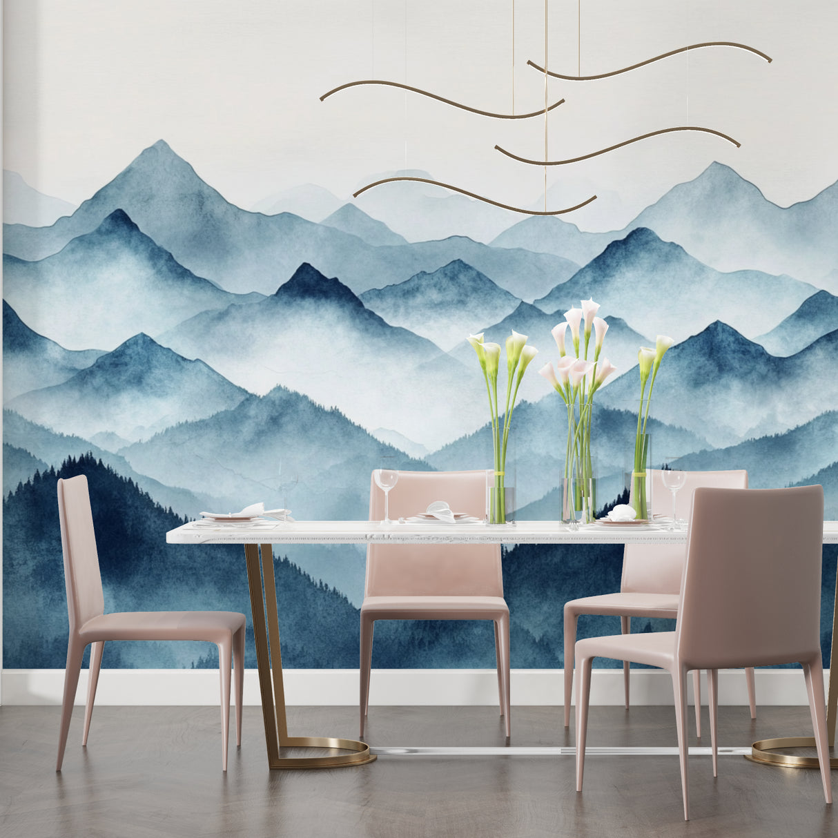 Mountain landscape mural in dining room with modern furniture
