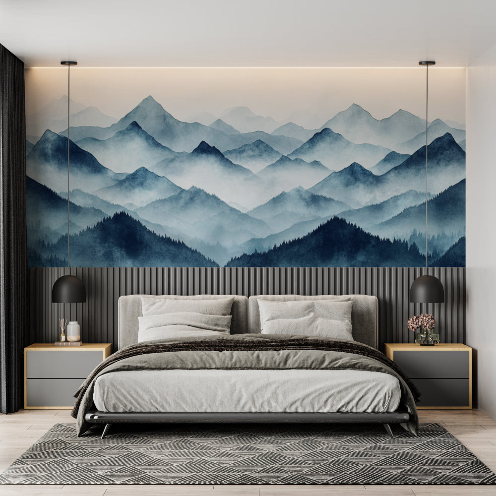 Blue watercolor mountains wall mural in meditation room setting
