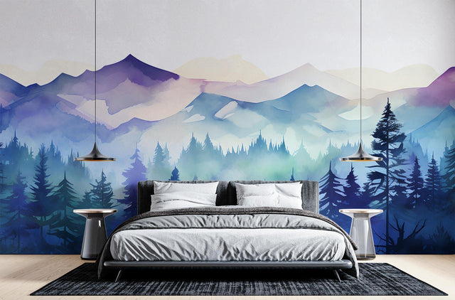 Mountain landscape wallpaper showcased in a modern living room with minimal furniture