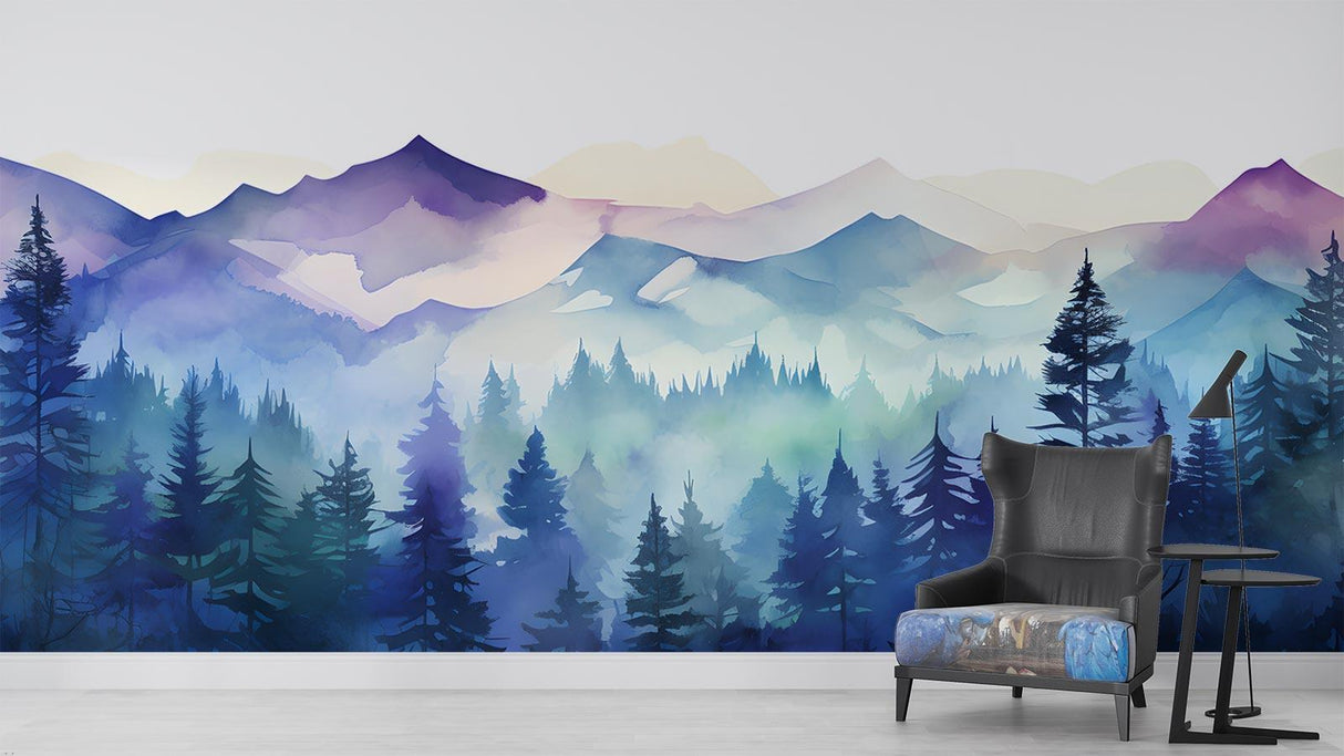 Watercolor mountain mural creating depth in a cozy bedroom setting