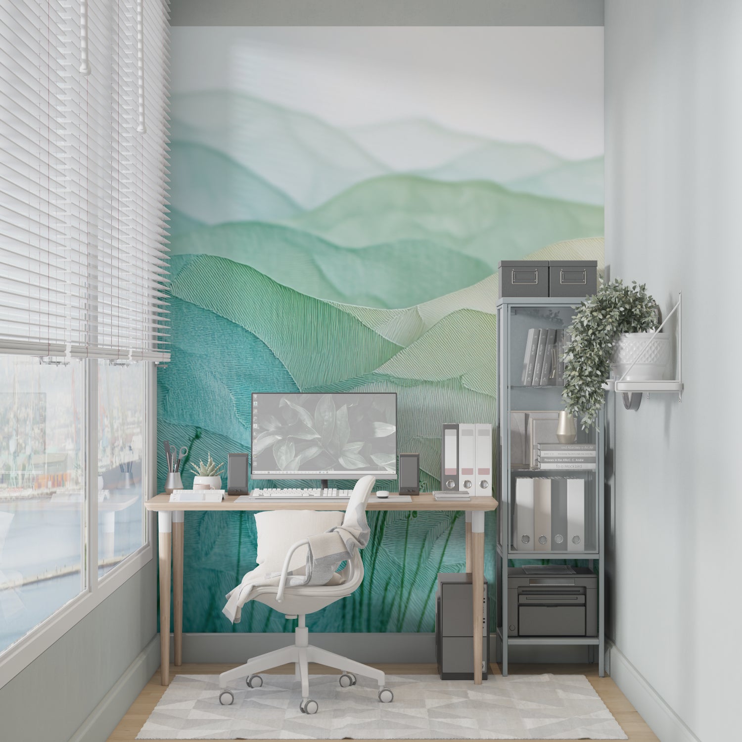 Mountain wall mural in dining room showcasing gradient green tones and abstract peaks