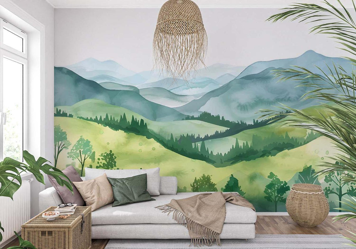 Mountain landscape wallpaper creating a serene atmosphere in a modern living room with minimal furniture