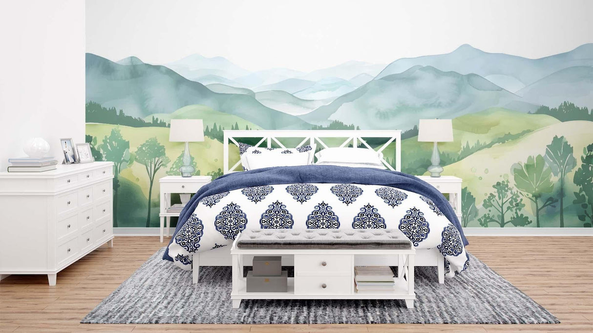 Green mountain mural wallpaper in a bright home office setting with natural light