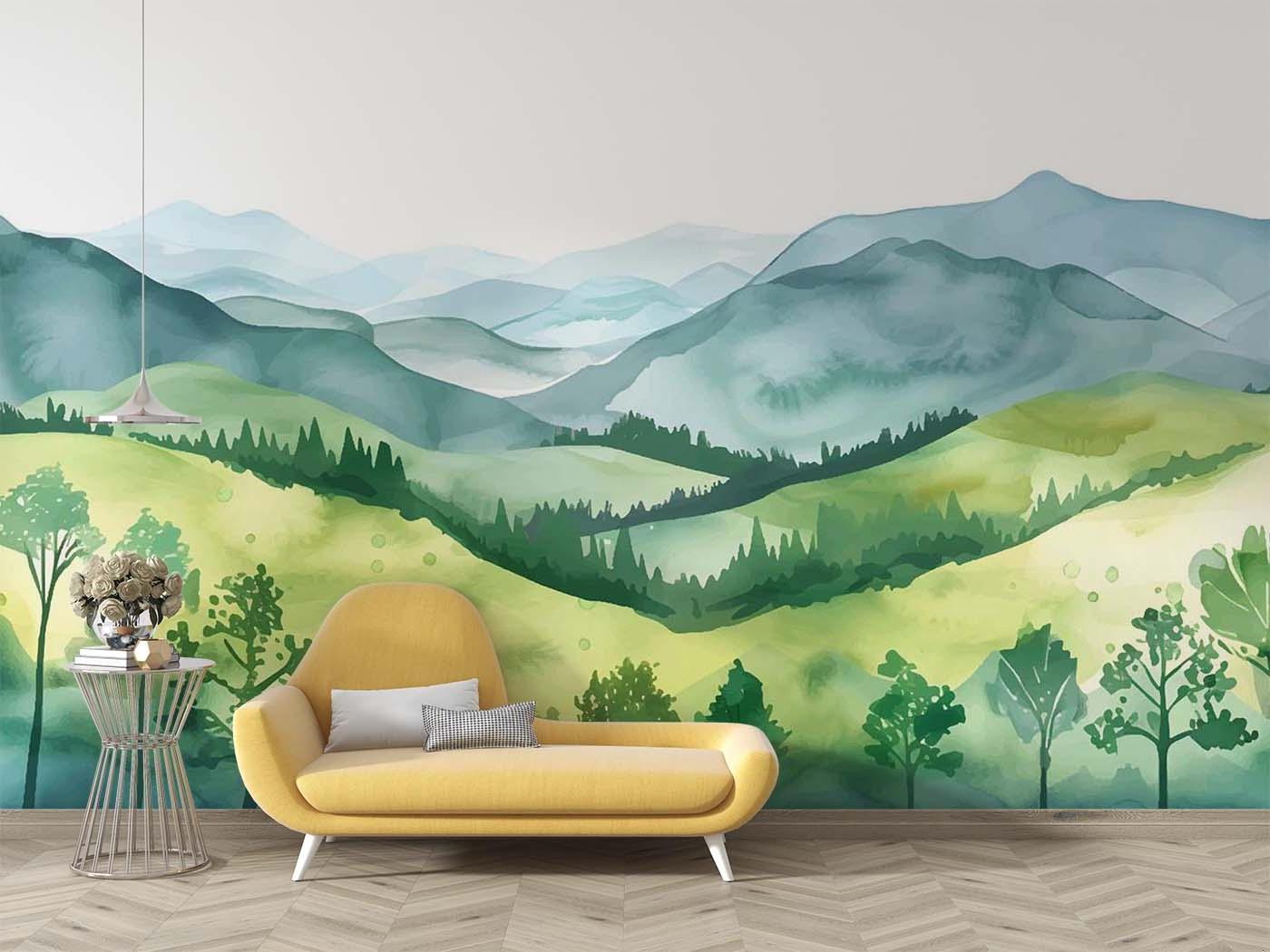 Watercolor mountain wallpaper showcased in a cozy bedroom with earth-toned decor