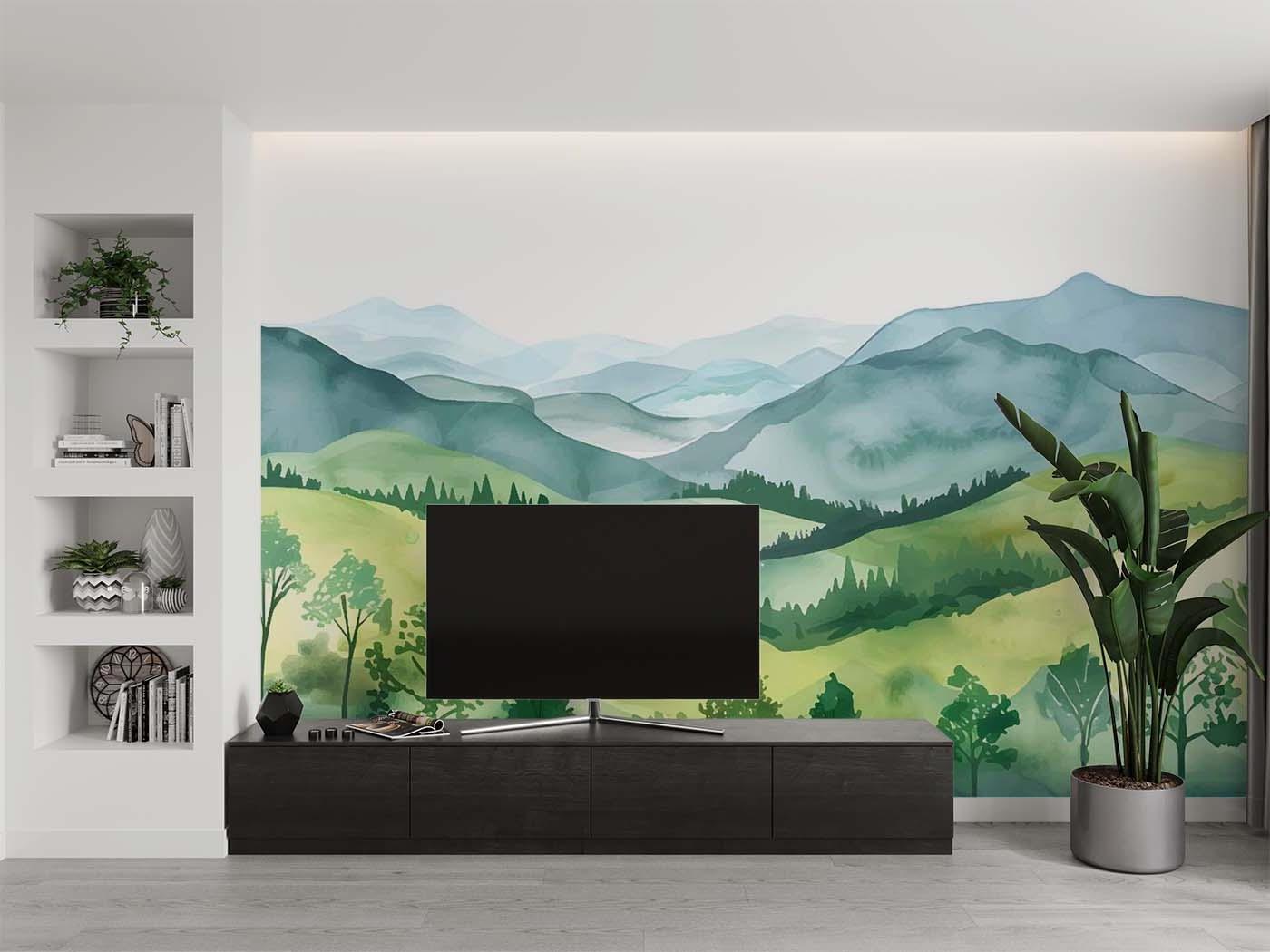 Mountain wall mural transforming a dining room with soft green hues