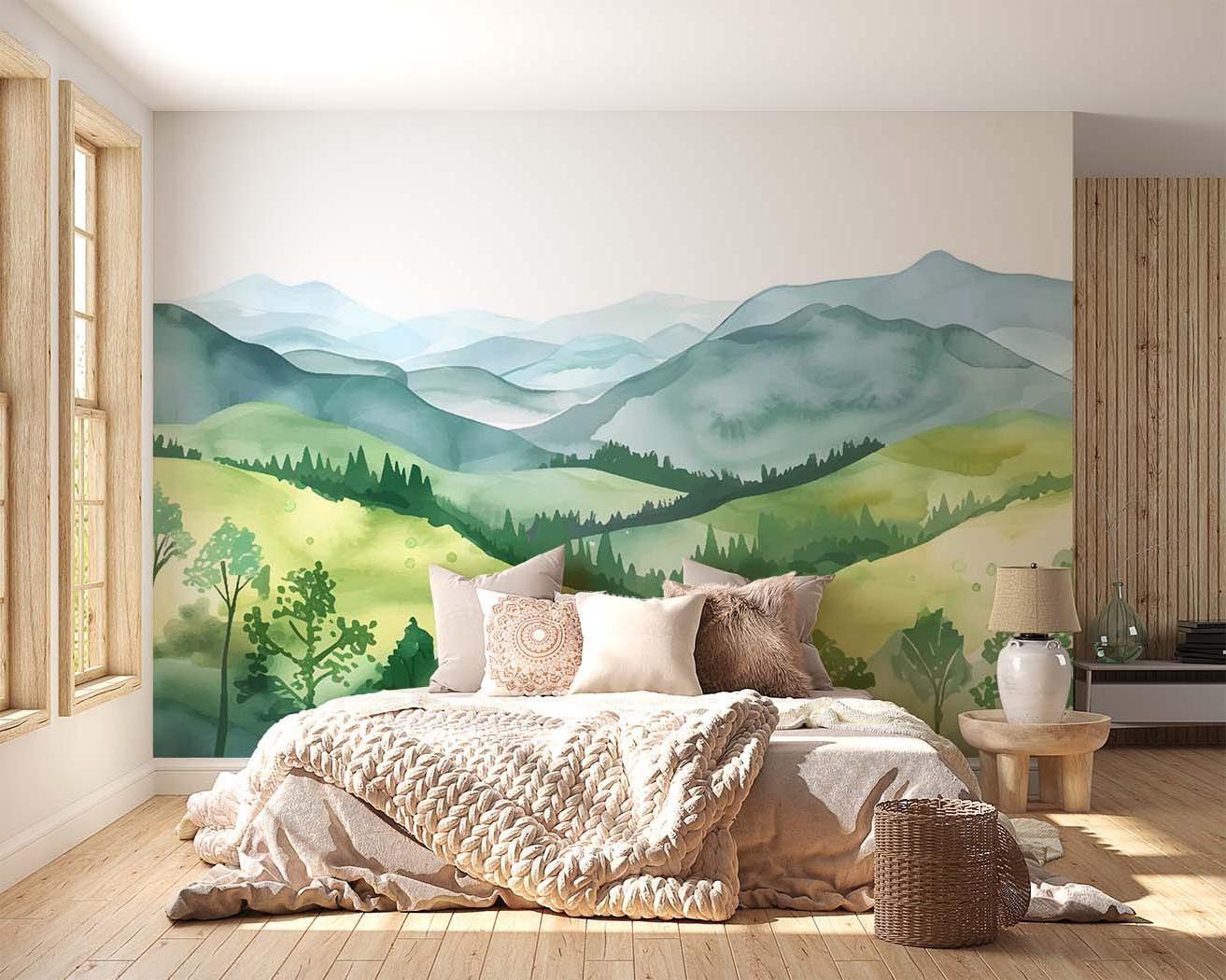 Scenic mountain wallpaper creating depth in a meditation room