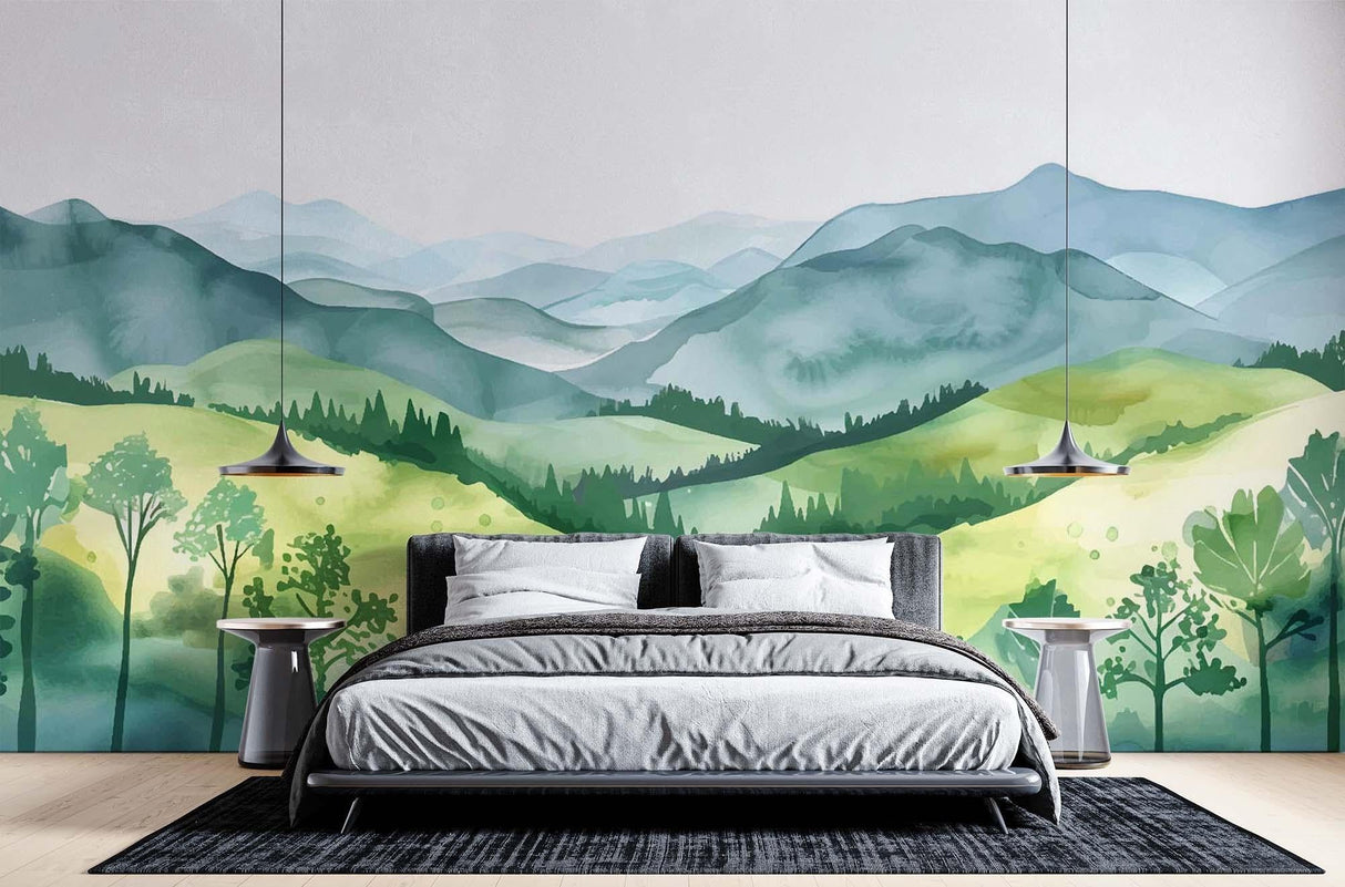 Green hills wallpaper adding natural beauty to a reading nook