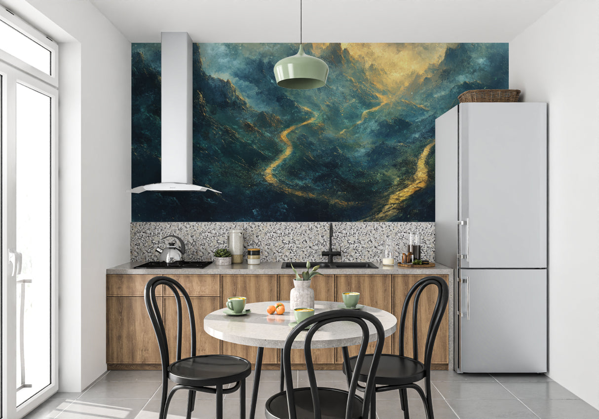 Watercolor mountain mural bringing nature into a cozy bedroom setting