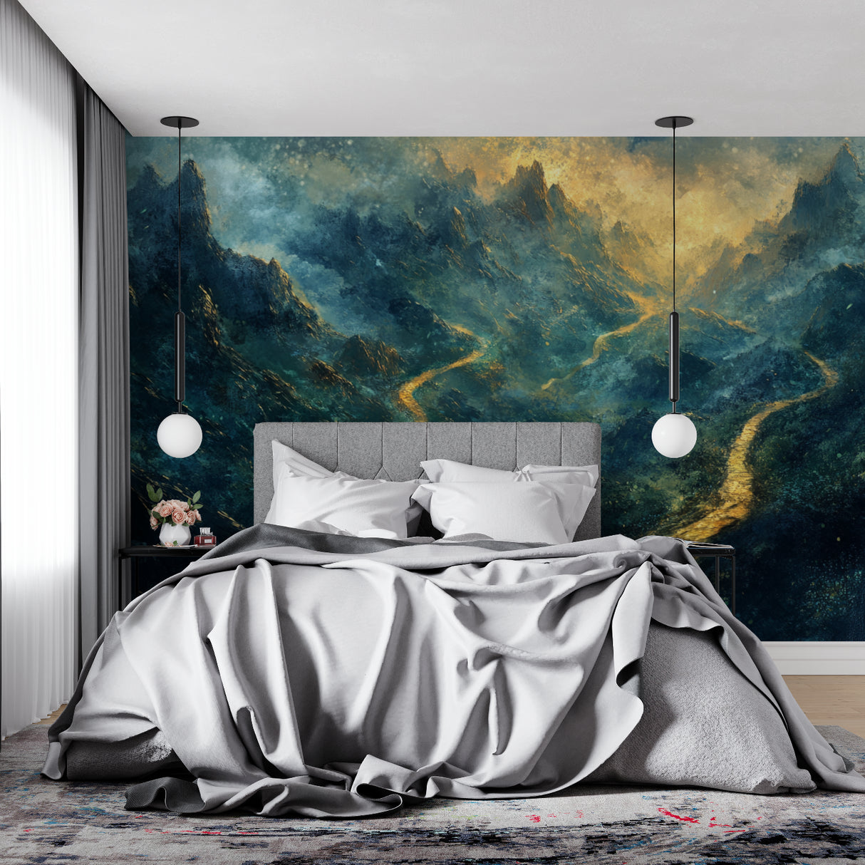 Abstract mountain wallpaper making a statement in an elegant dining room