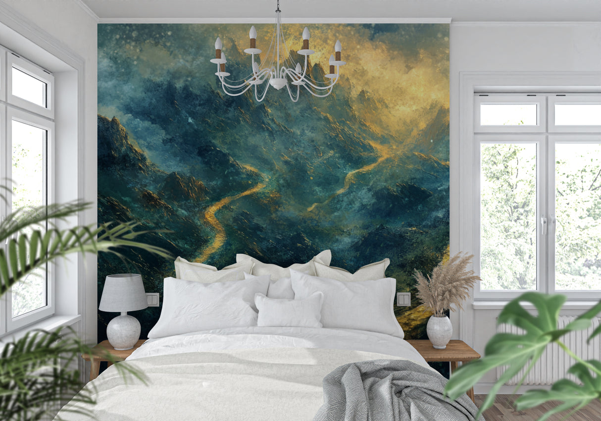 Watercolor landscape mural adding depth to a contemporary hallway