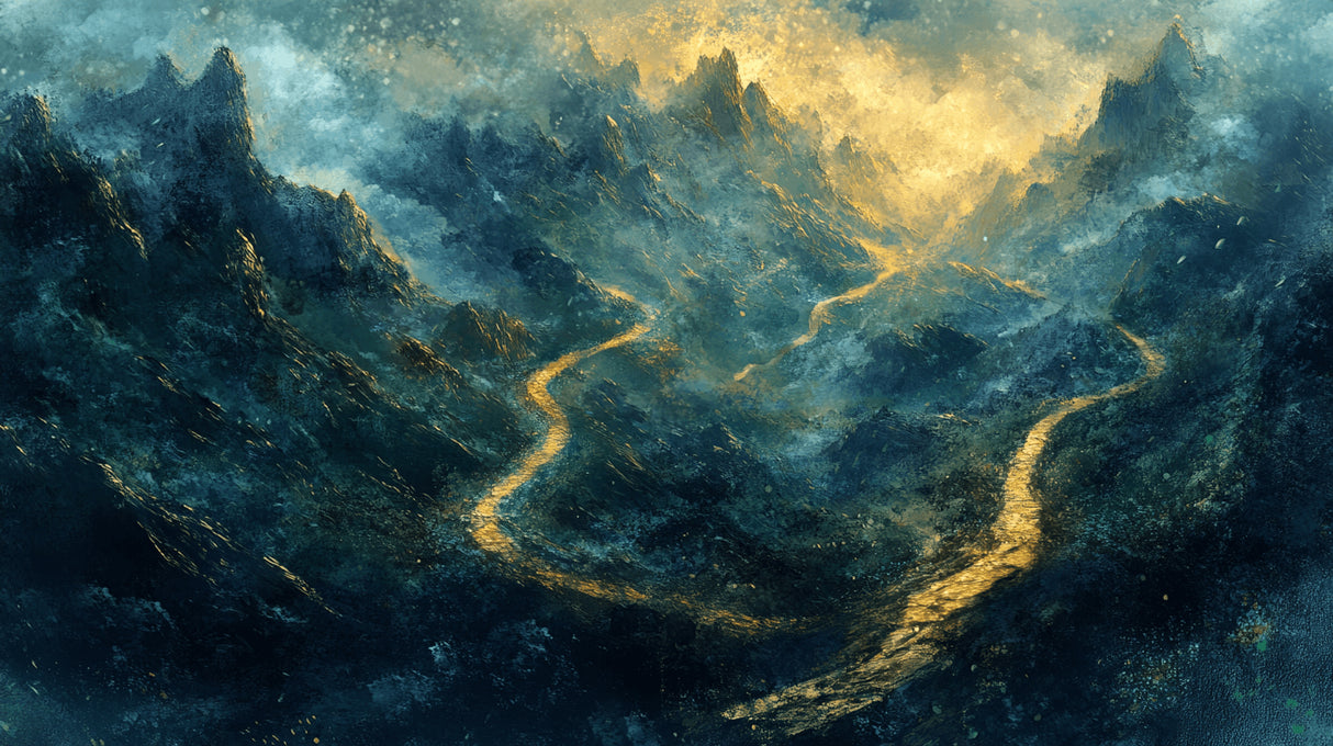 Mountain landscape wallpaper design file showing detailed watercolor technique and golden path pattern