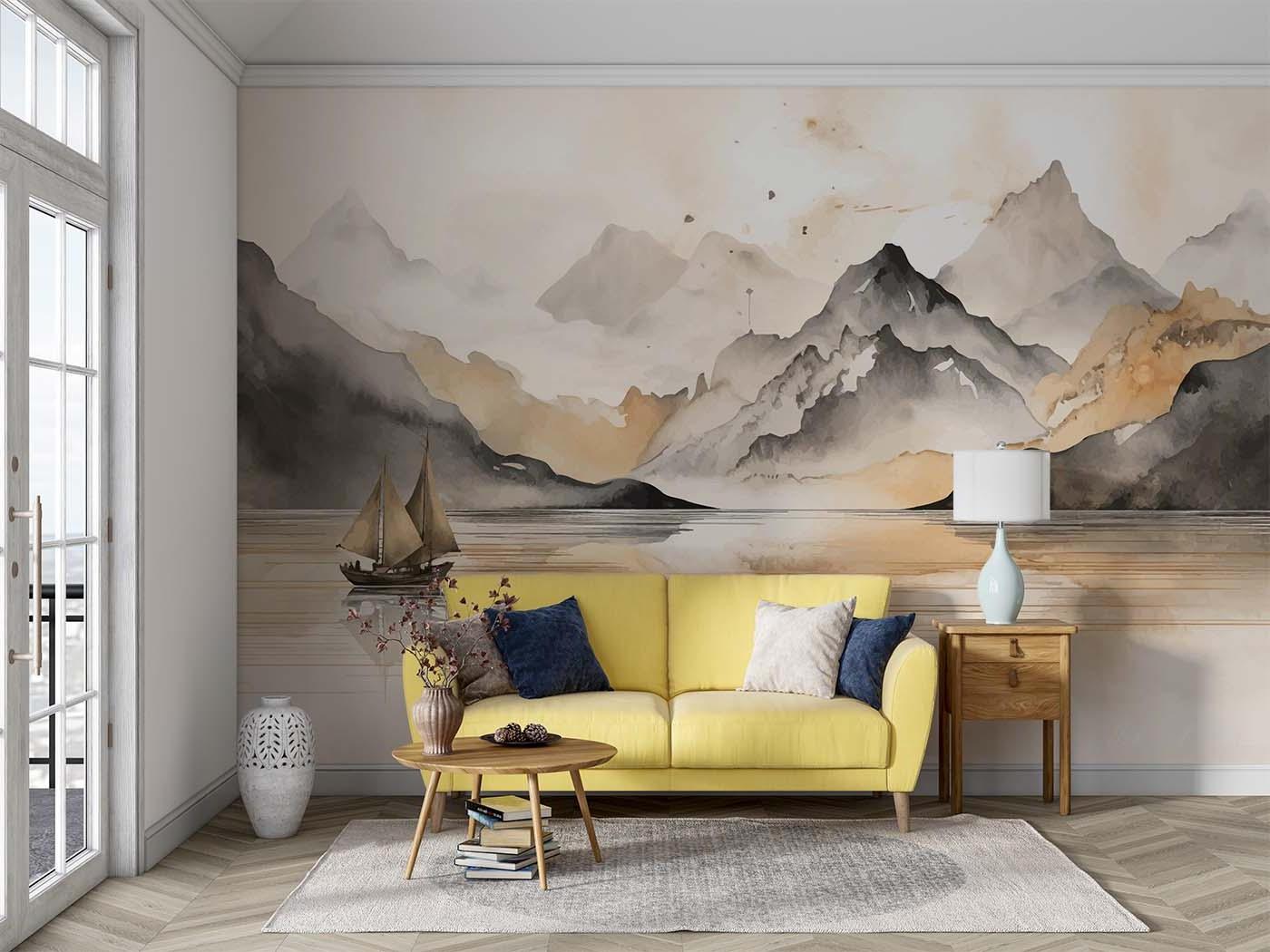 Mountain landscape wallpaper creating a serene atmosphere in a modern living room with minimal furniture