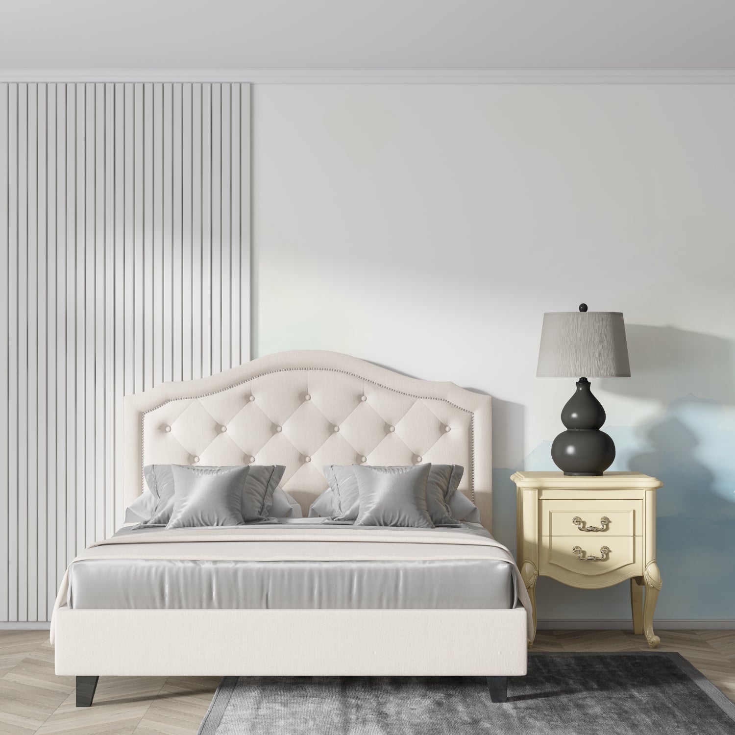 Mountain landscape wallpaper creating depth in modern living room with minimal furniture