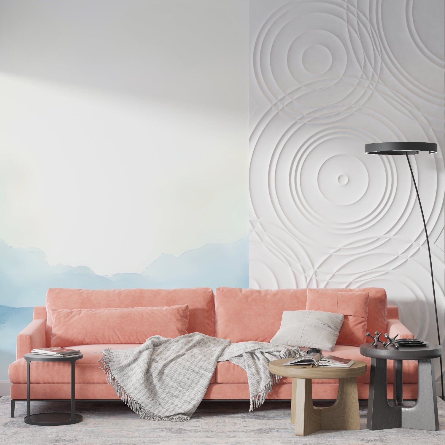 Mountain peak mural adding depth to dining room with natural light