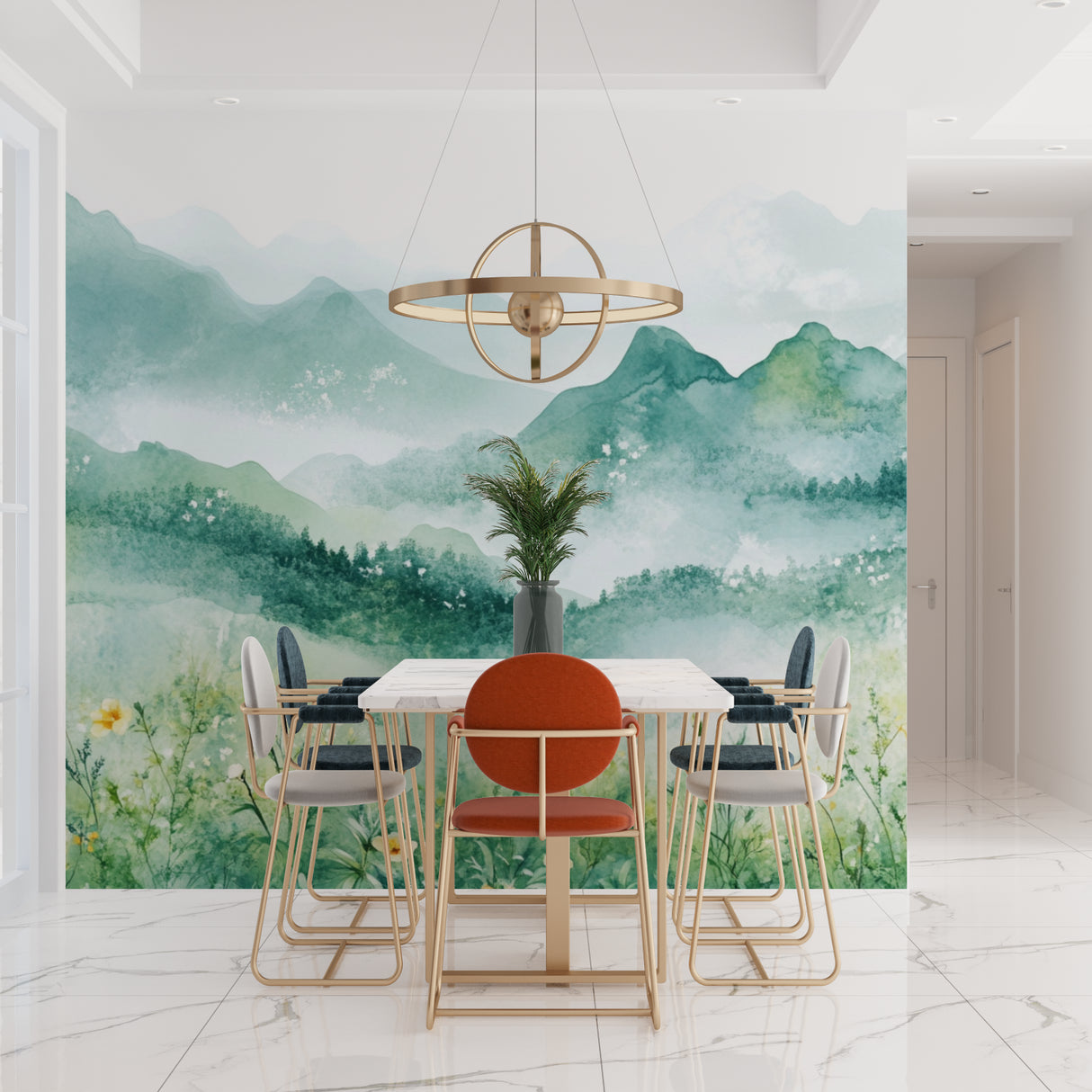 Mountain landscape wallpaper in modern living room showing scale and depth of watercolor peaks design