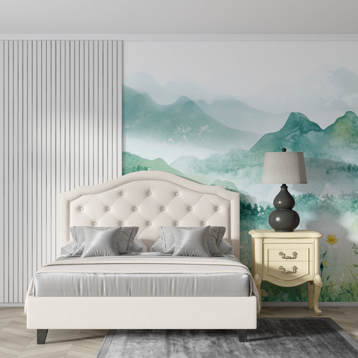 Watercolor mountain mural creating serene atmosphere in master bedroom setting