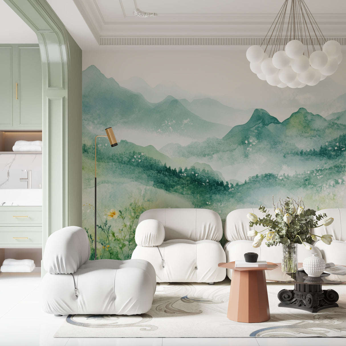 Mountain wall mural with wildflowers displayed in minimal dining room space