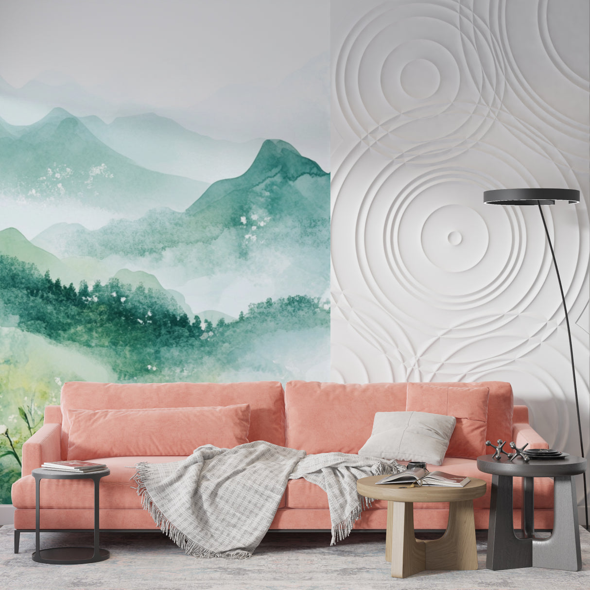 Misty mountain wallpaper adding depth to meditation room setting