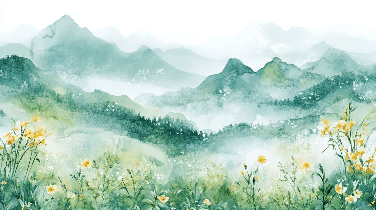 Design file showing full watercolor mountain landscape pattern with delicate wildflower details
