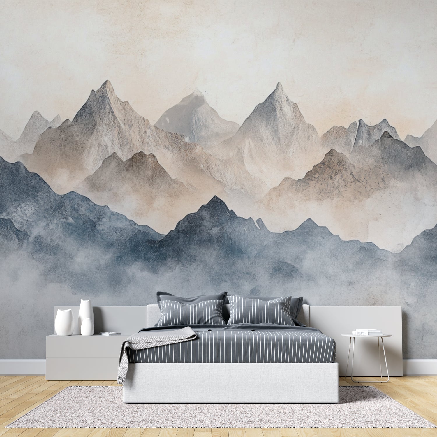 Misty peaks wallpaper transforming a cozy bedroom with soft morning light
