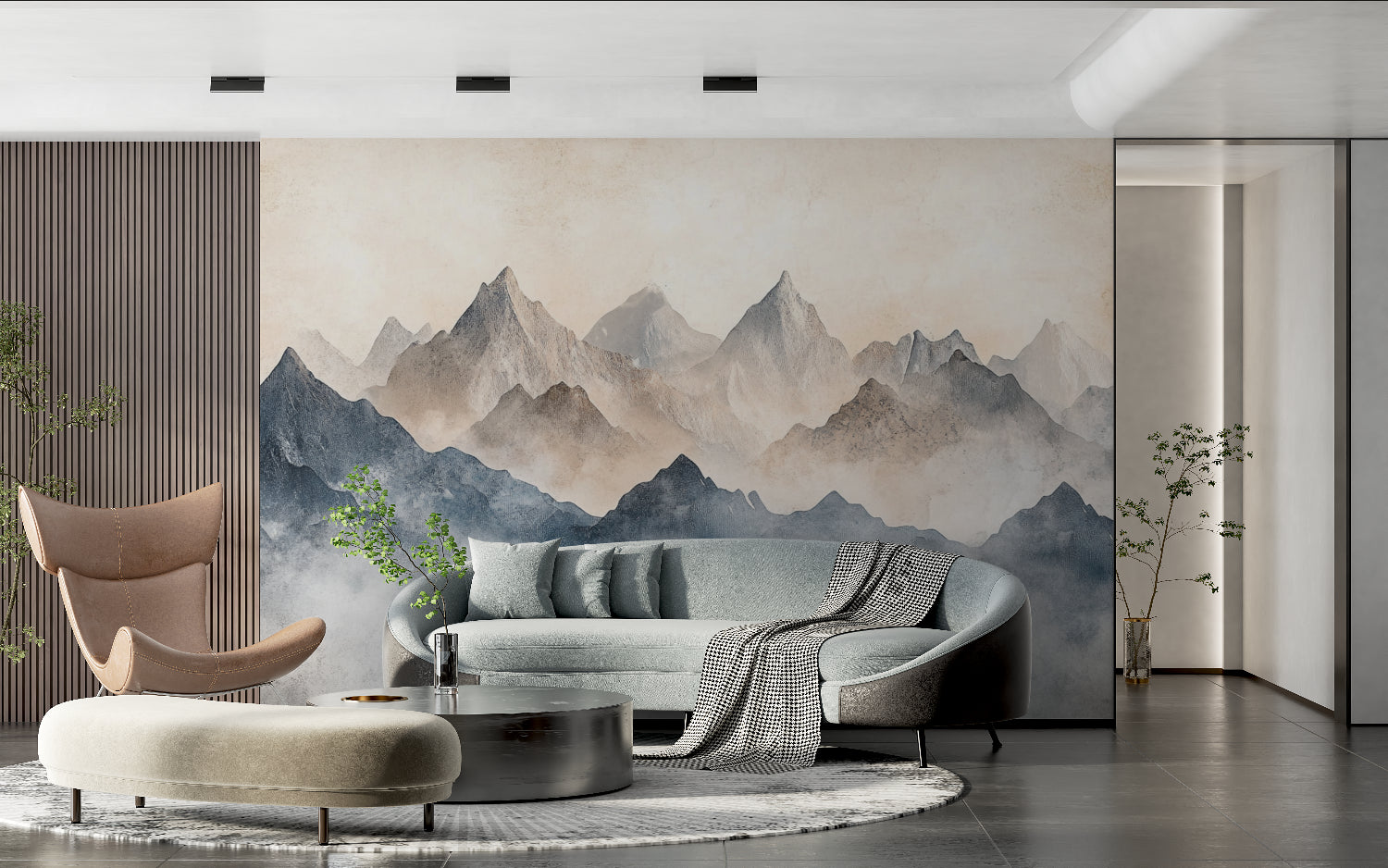Watercolor mountain mural adding depth to a home office space