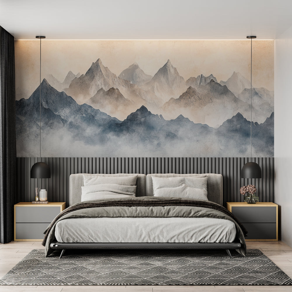 Mountain landscape wallpaper creating a peaceful dining room atmosphere