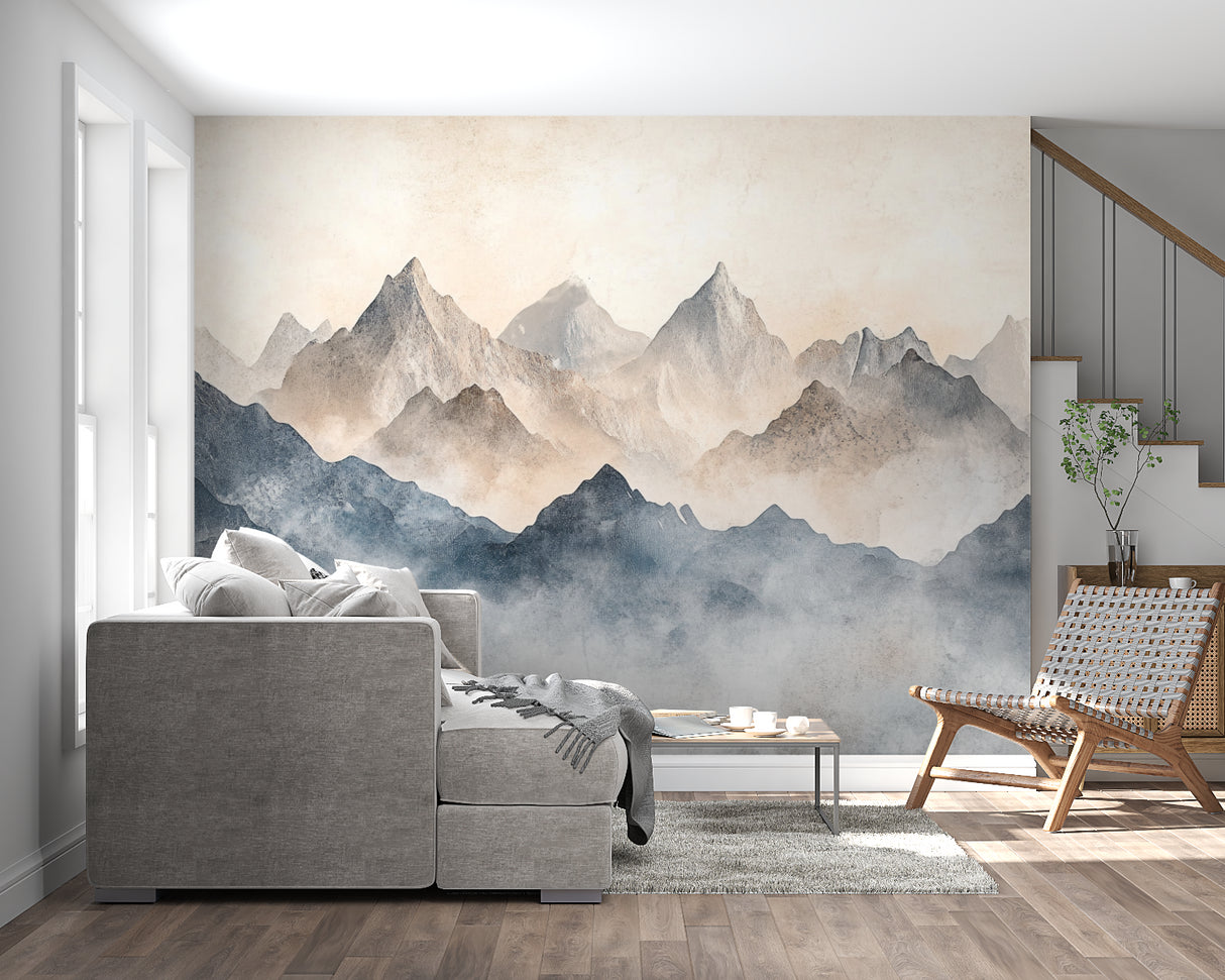 Misty mountain wallpaper enhancing a meditation room with natural tones