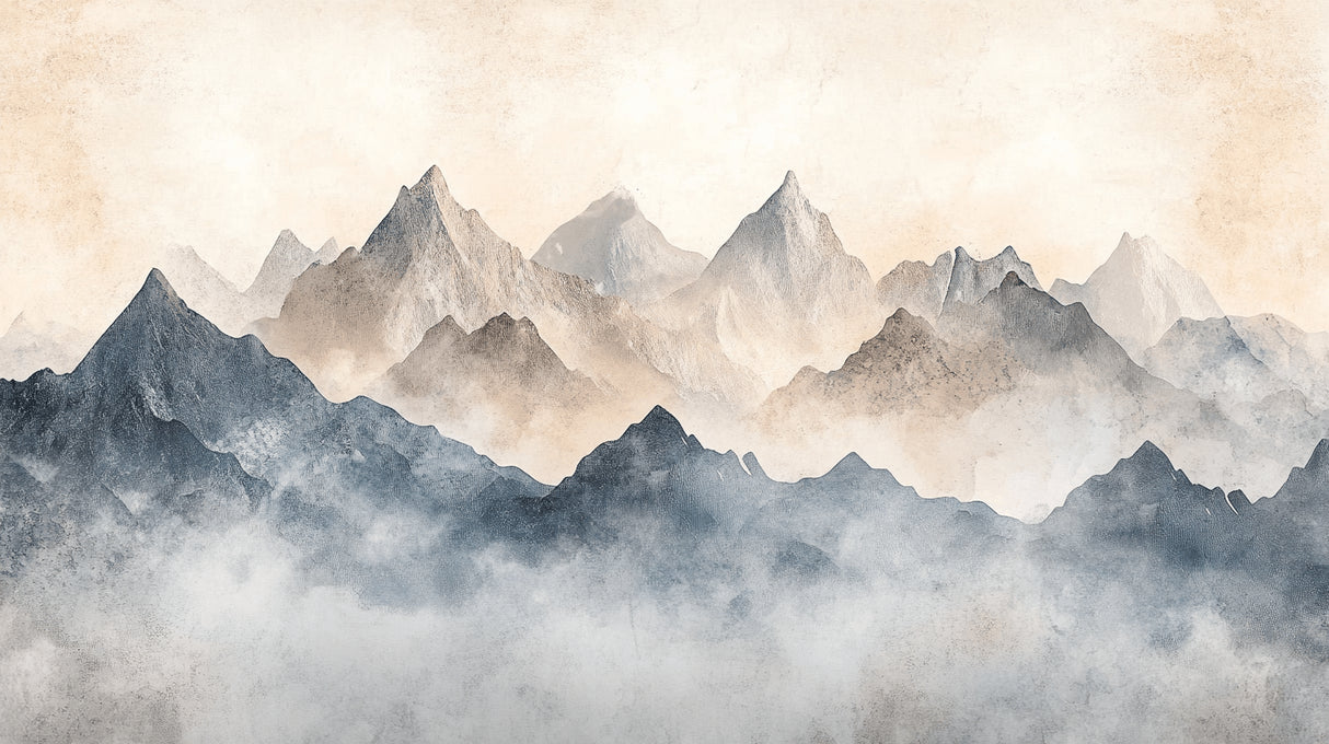 Mountain range wallpaper design file showing detailed watercolor peaks and misty elements