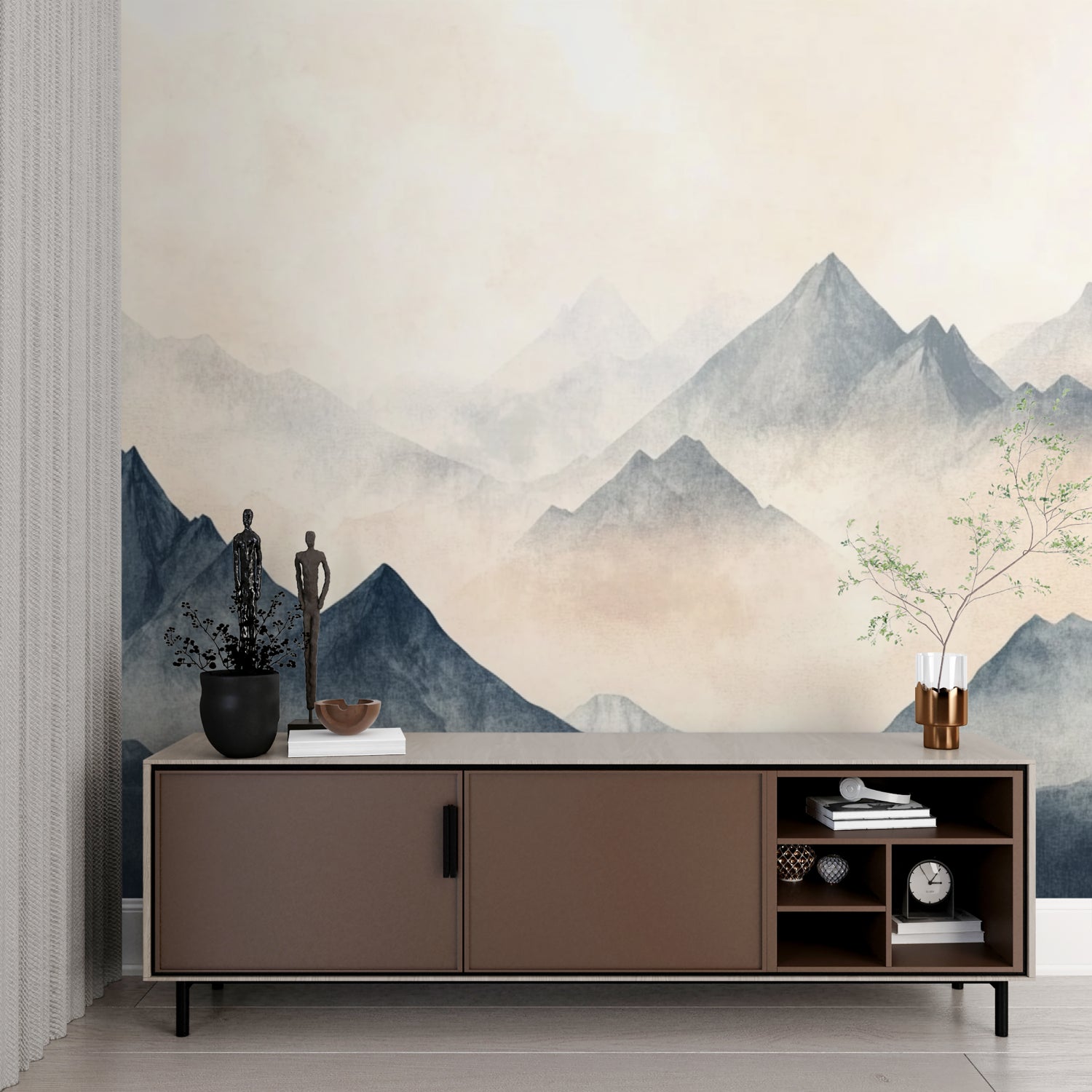 Bedroom with mountain landscape wallpaper showing misty peaks in soft morning light