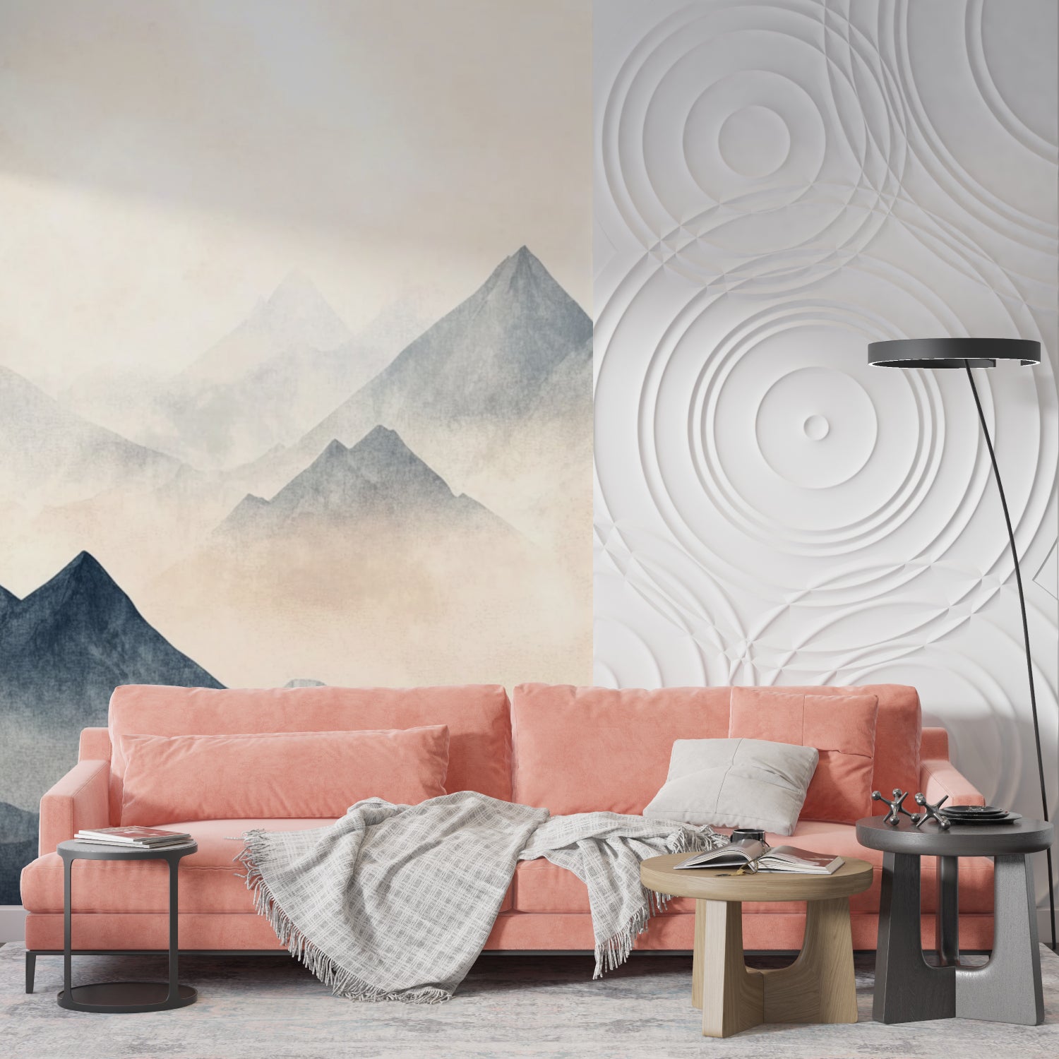 Home office featuring mountain wall mural with gentle watercolor tones