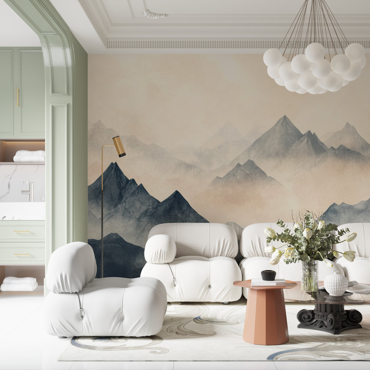 Dining room showcase of mountain peak wallpaper in cool blue and gray shades