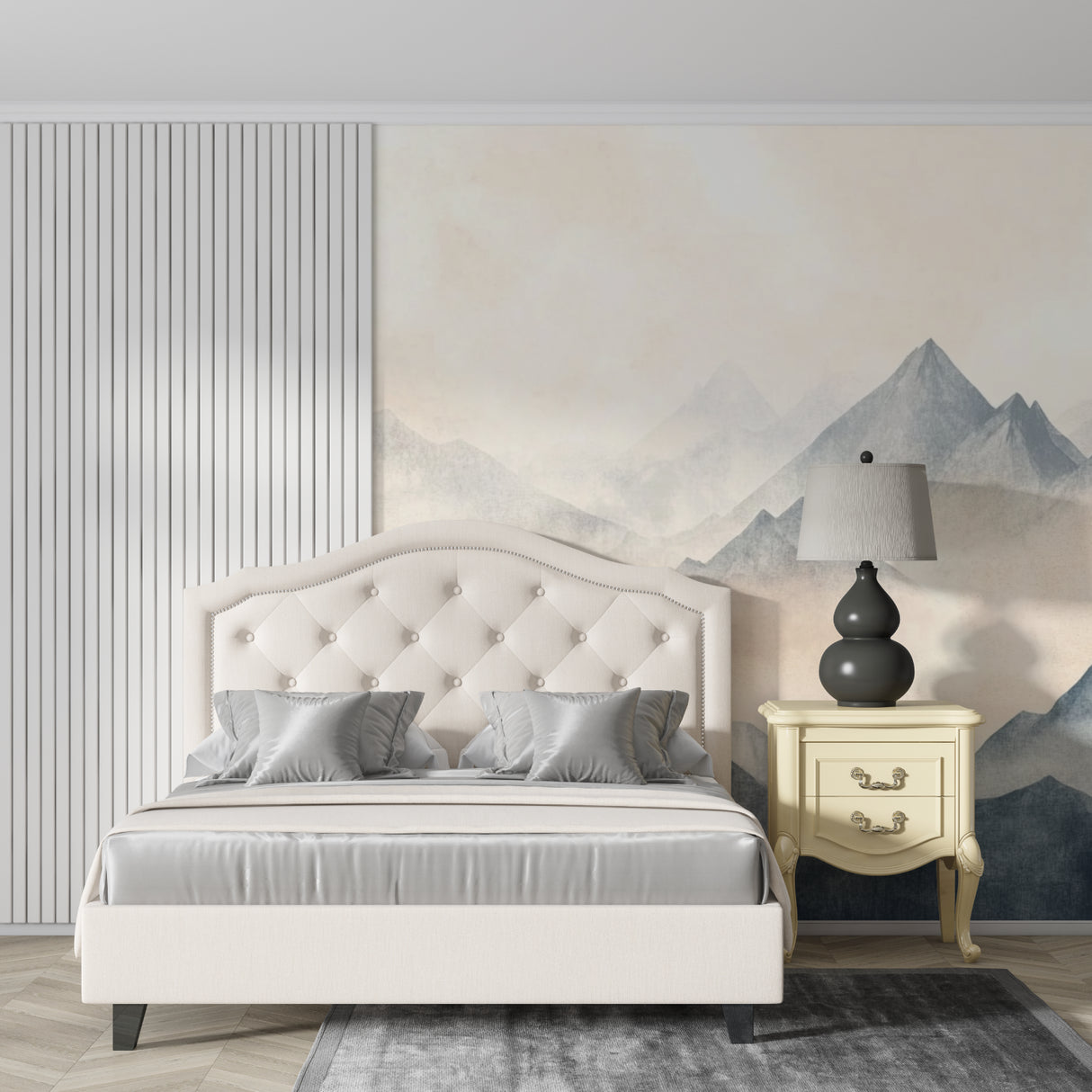Mountain wallpaper mural in meditation room creating peaceful atmosphere