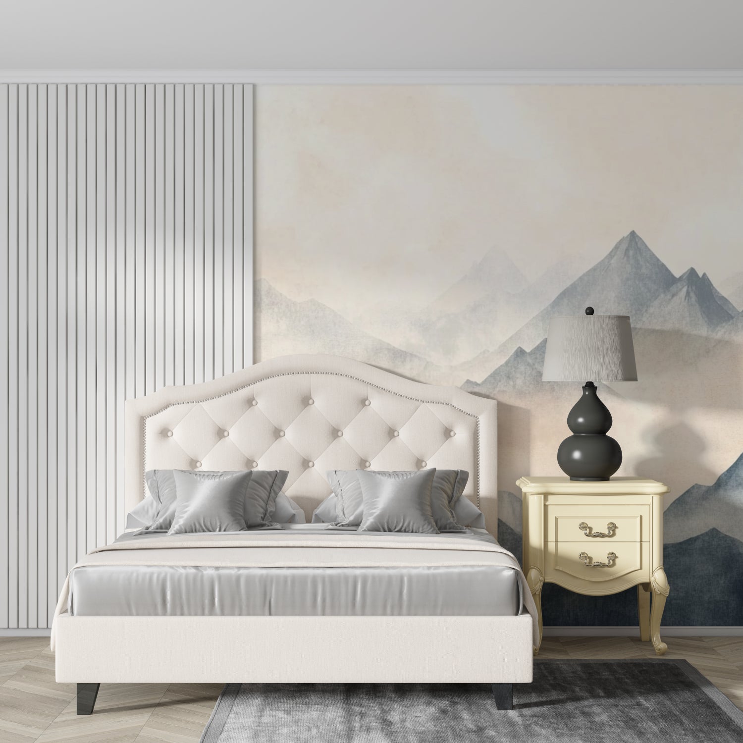 Mountain wallpaper mural in meditation room creating peaceful atmosphere