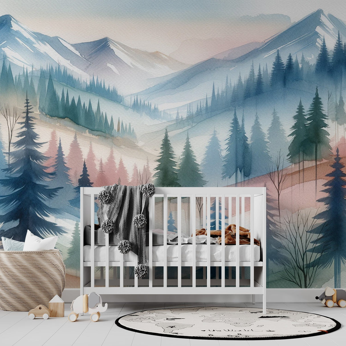 Mountain landscape wallpaper creating depth in a modern living room, soft morning light highlighting the watercolor pine forest design