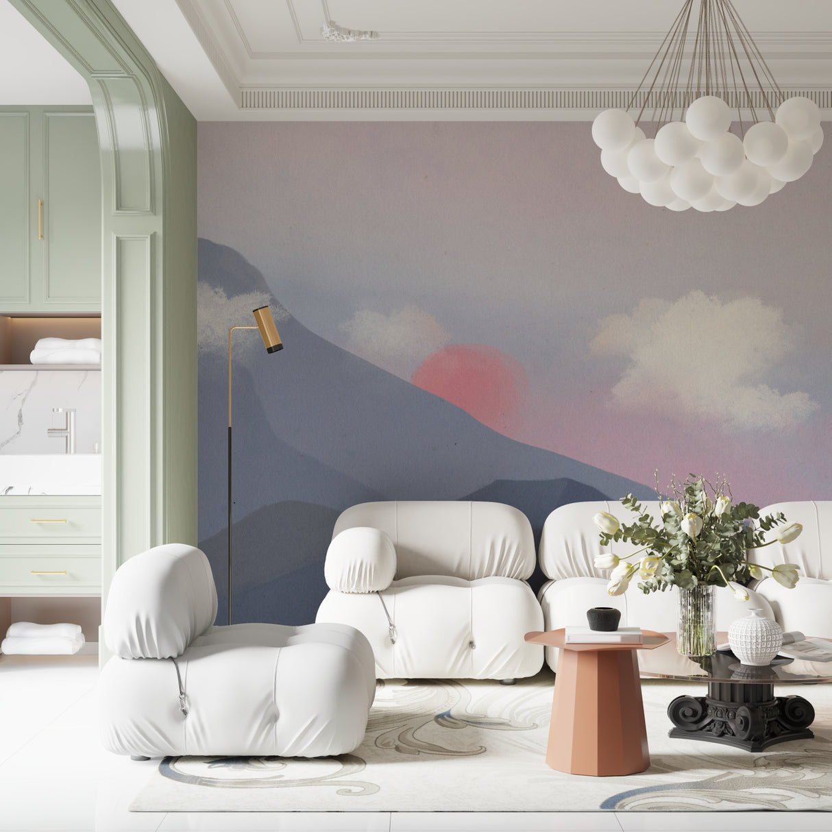 Peaceful bedroom with mountain landscape wallpaper creating serene atmosphere