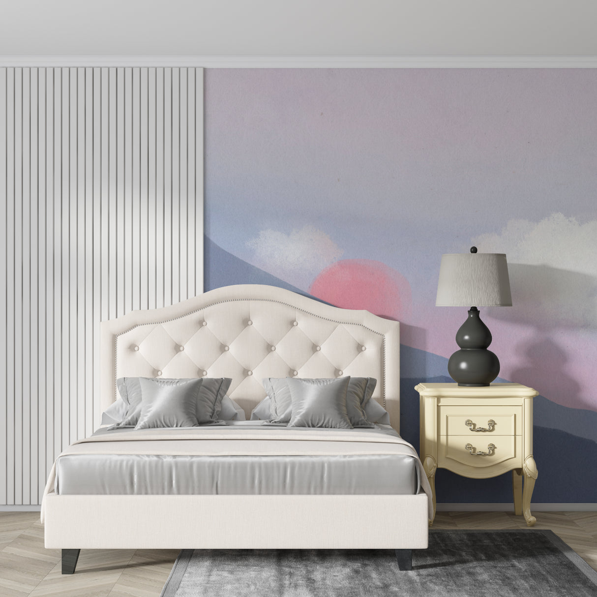 Home office featuring watercolor mountain mural with soft sunset colors