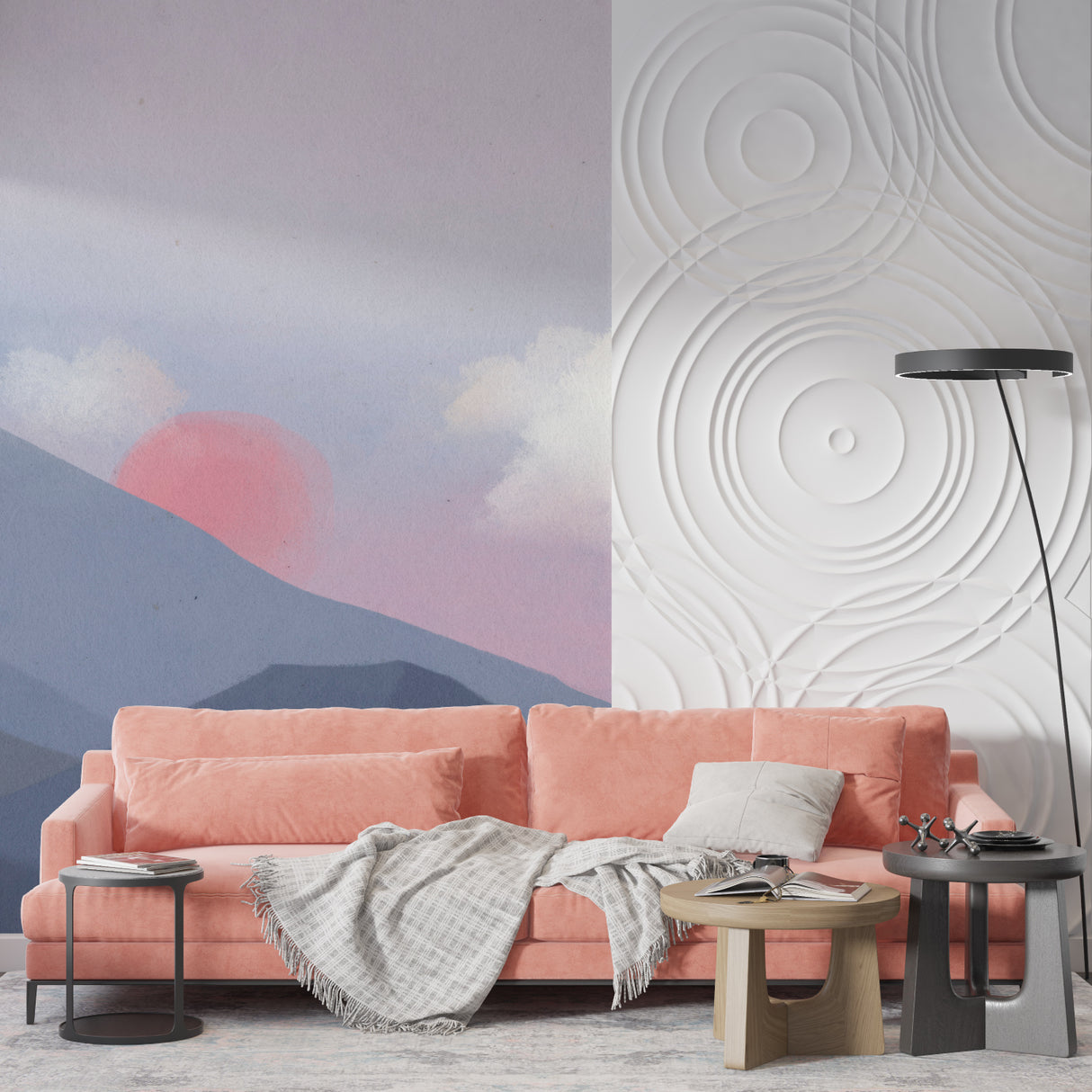 Dining room with mountain wall mural showing scale and depth of design