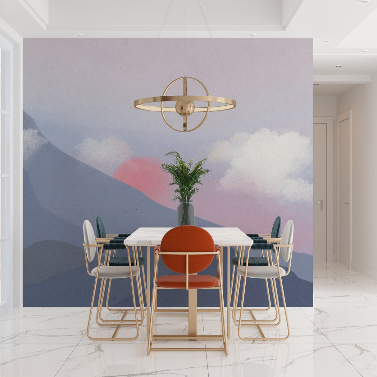 Reading nook with mountain landscape wallpaper creating cozy atmosphere