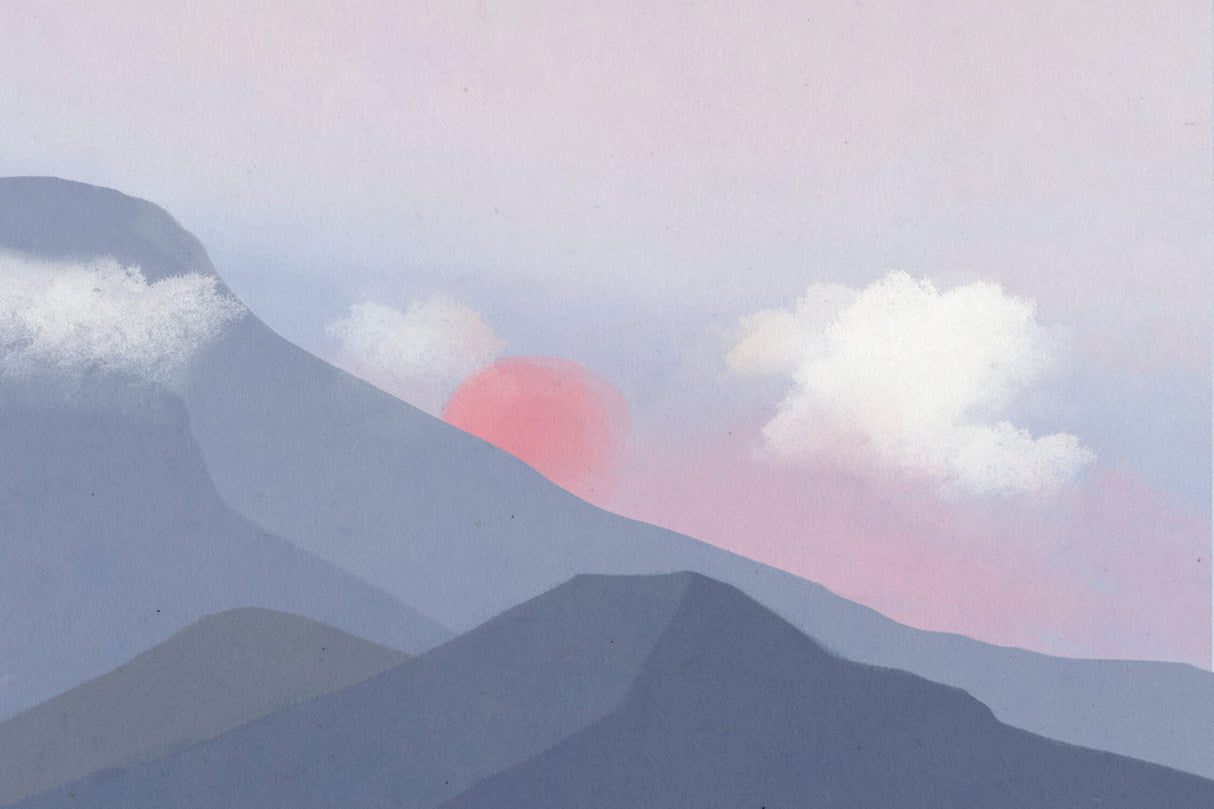 Mountain wallpaper design file showing full watercolor sunset pattern and texture detail