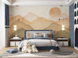 Mountain landscape wallpaper in modern living room with minimal furniture showing depth and scale