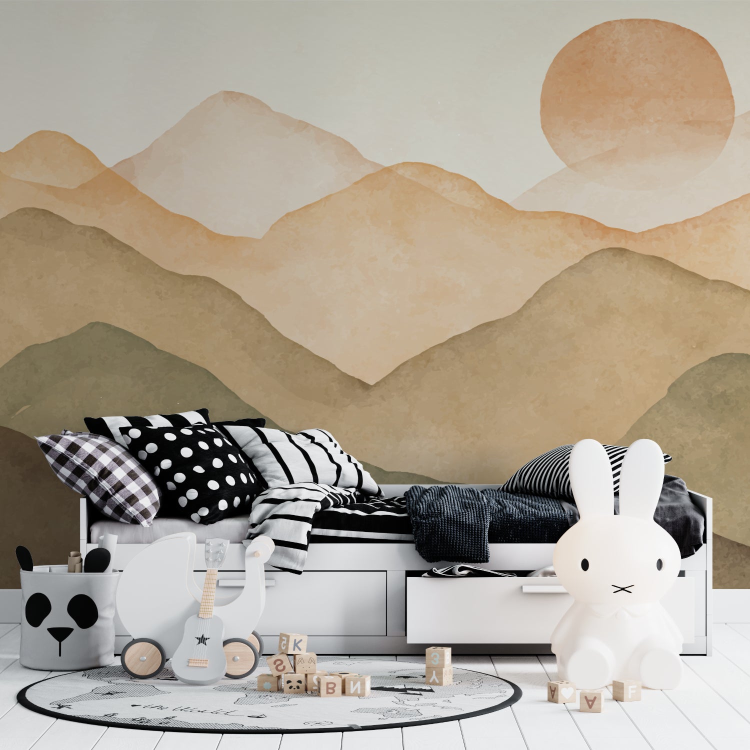 Watercolor mountain mural in cozy bedroom creating peaceful atmosphere