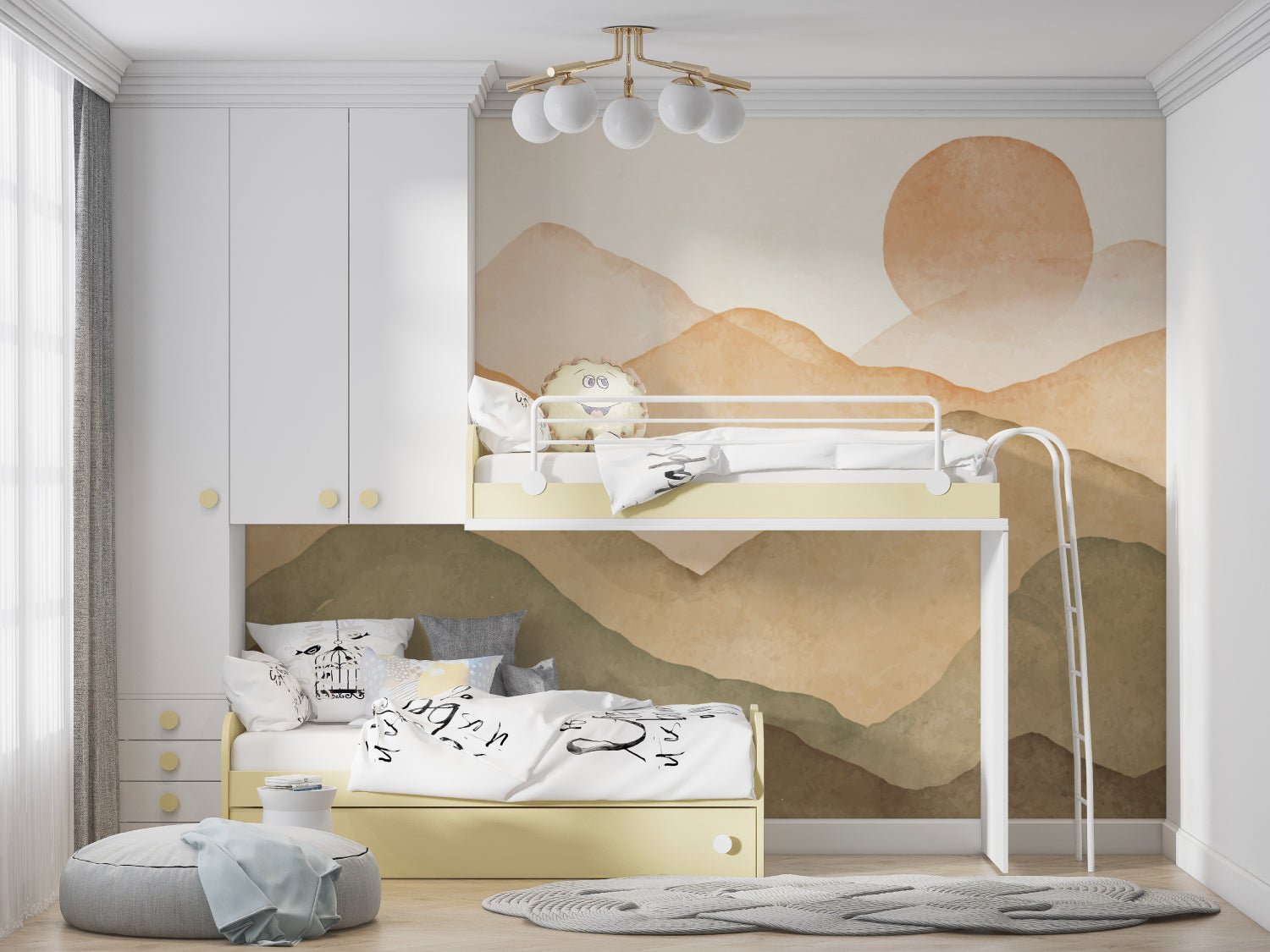 Sunset mountain wallpaper in home office showing natural light interaction