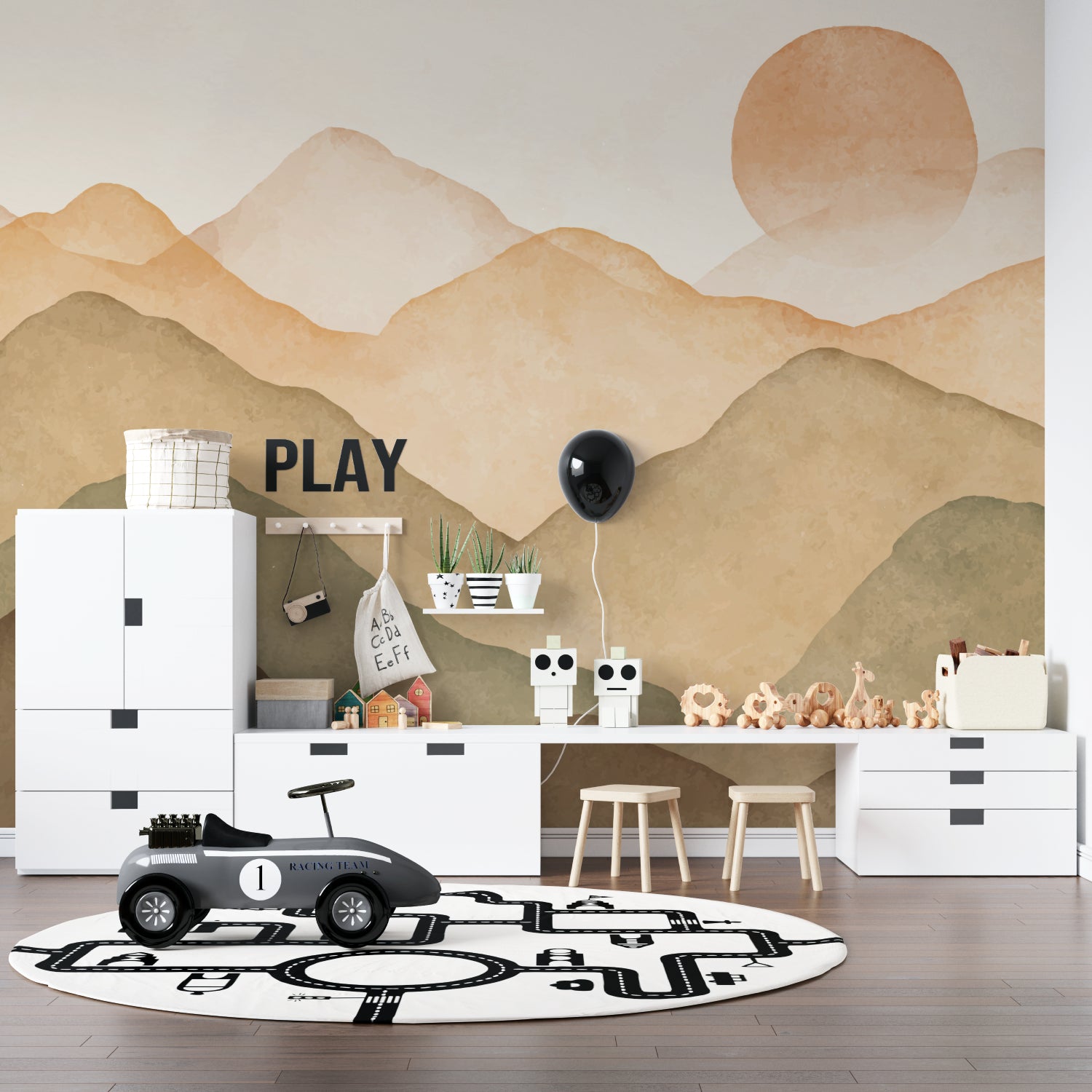 Mountain peak wall mural in dining room with warm lighting