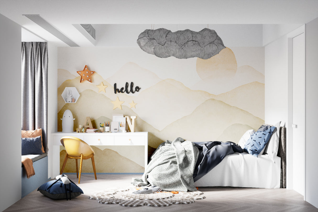 Landscape wallpaper in meditation room highlighting calming effect