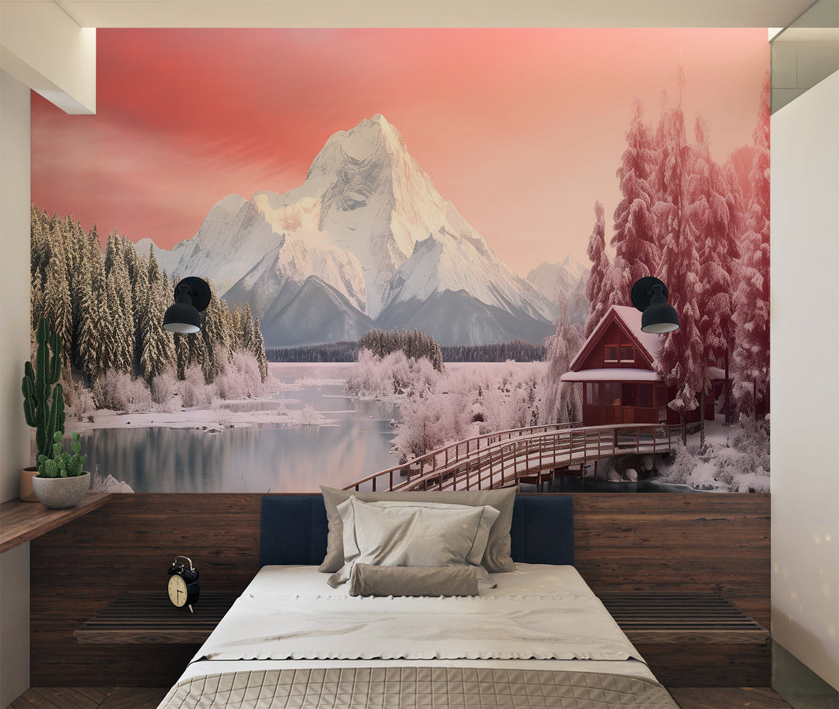 Mountain lake wallpaper creating depth in modern living room with pink sunset glow reflecting on white furniture