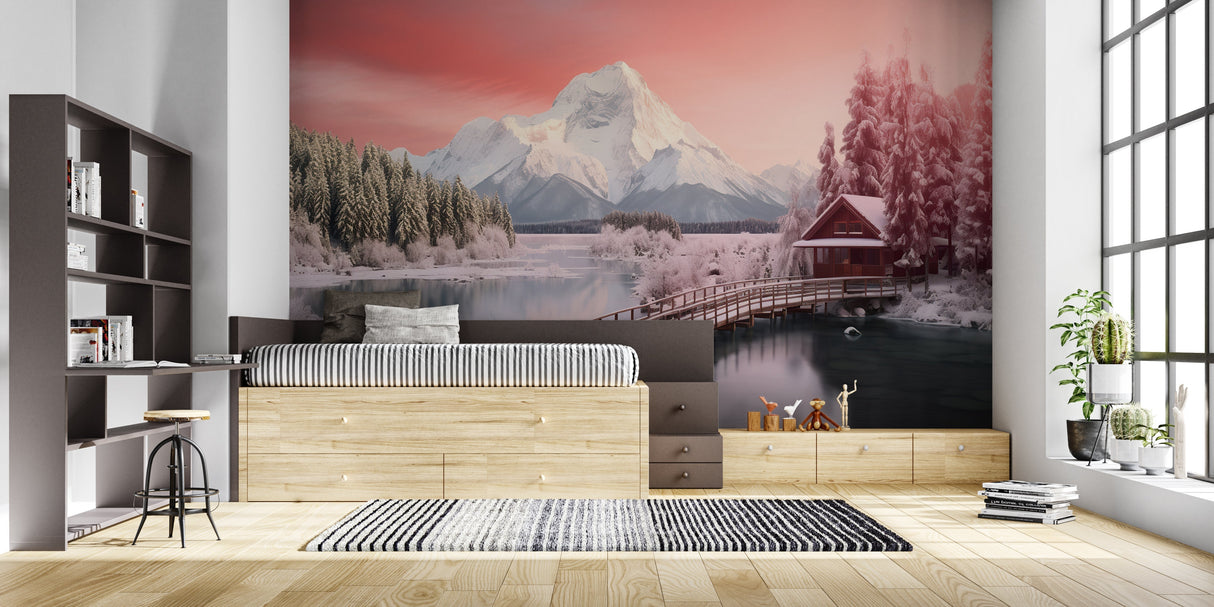 Cozy bedroom with mountain landscape wallpaper showing winter lake and pink sky, perfect for relaxation