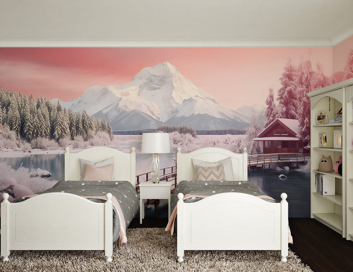 Home office featuring panoramic mountain mural with snowy peaks and pink winter sky